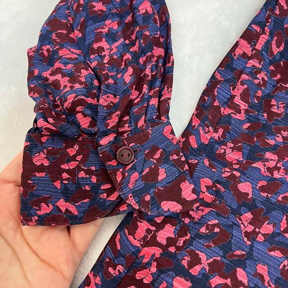 Parker Silk Viscose Button Front Mini Dress Blue Pink Lined Flowy Large Boho - Picture 7 of 14